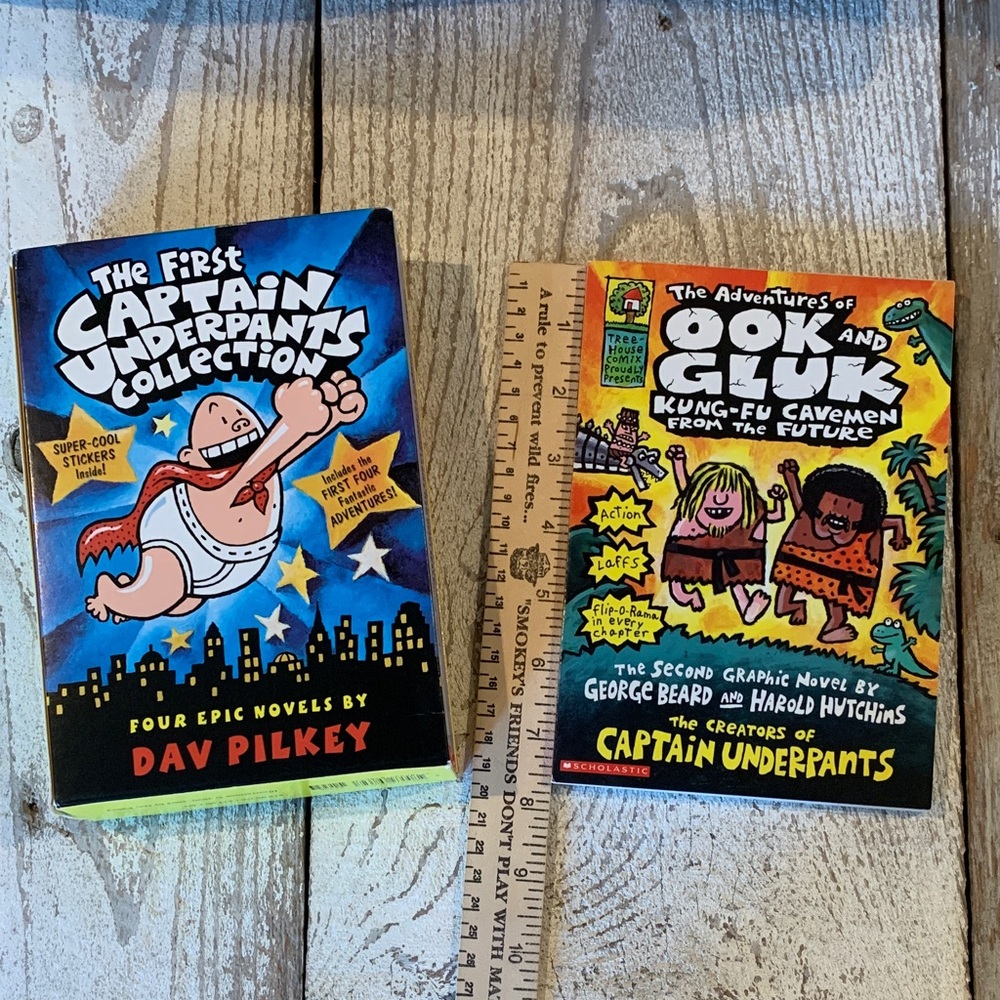 Scholastic Set of 4 Captain Underpants Books and One Ook and Gluk Book